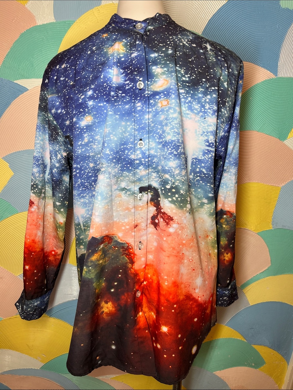 NWT JammyJob Galaxy Print Long Sleeve Button-Up Shirt - Blue & Red mens sz M